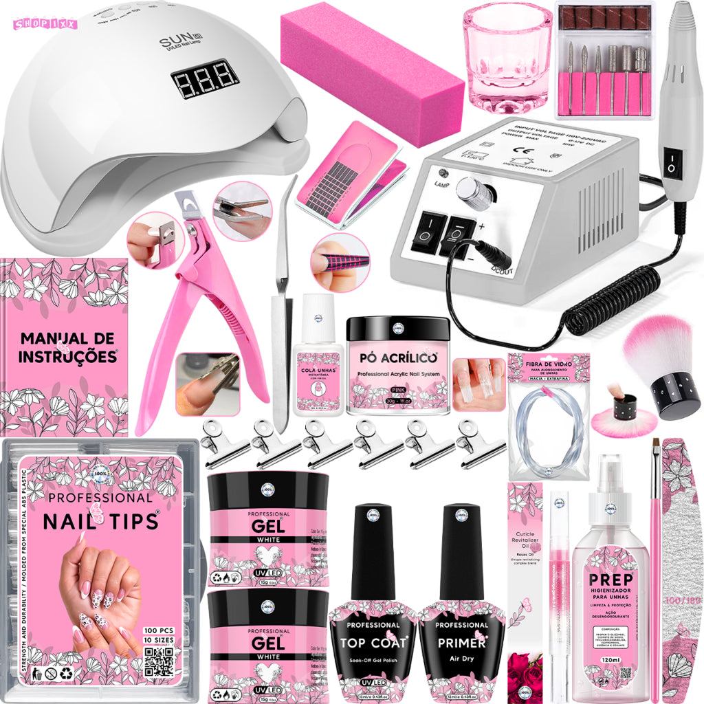 Kit Premium para Unhas em Gel – Cabine Sun 5, Lixadeira, Tips, Fibra e Copo Dappen