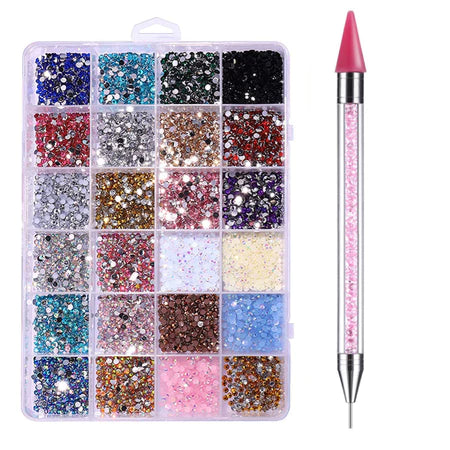 Kit Completo de Caixa 24 Potinhos Strass para Nail Art com Caneta Strass
