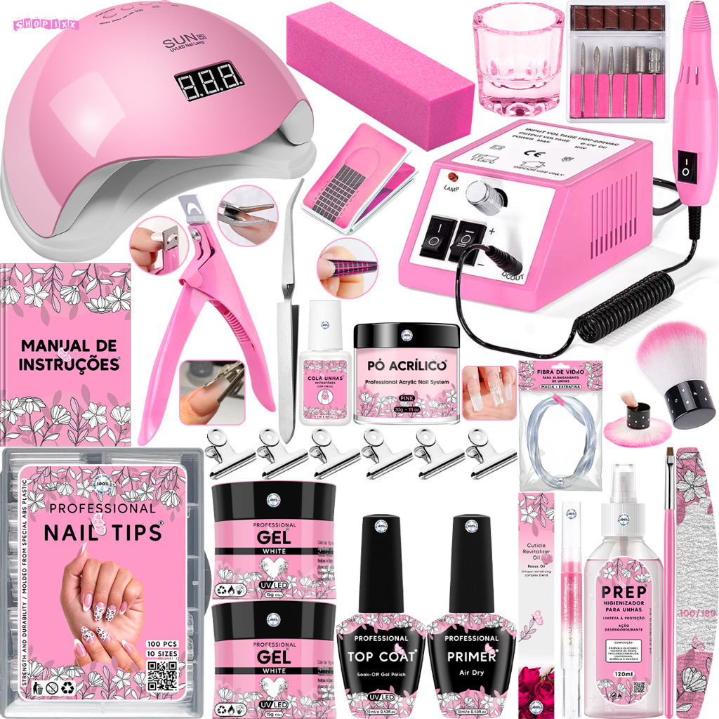 Kit Premium para Unhas em Gel – Cabine Sun 5, Lixadeira, Tips, Fibra e Copo Dappen