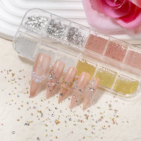 1 Caixa 3D Tamanho Misto Arte Do Prego Studs Ouro Prata Mini Metal Caviar Contas Detalhes Pérola Plana Volta Strass De V