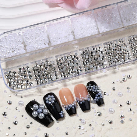 1 Caixa 3D Tamanho Misto Arte Do Prego Studs Ouro Prata Mini Metal Caviar Contas Detalhes Pérola Plana Volta Strass De V