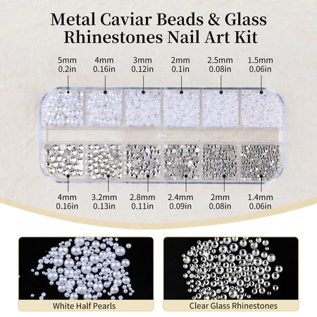 1 Caixa 3D Tamanho Misto Arte Do Prego Studs Ouro Prata Mini Metal Caviar Contas Detalhes Pérola Plana Volta Strass De V